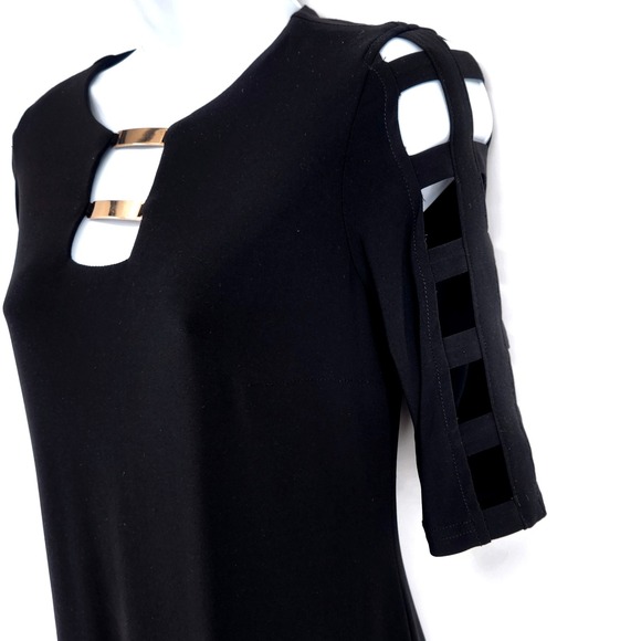 Joseph Ribkoff Black Cutout Sleeve Sheath Dress Size 4 Bar Detail Lined Zip - Picture 9 of 11